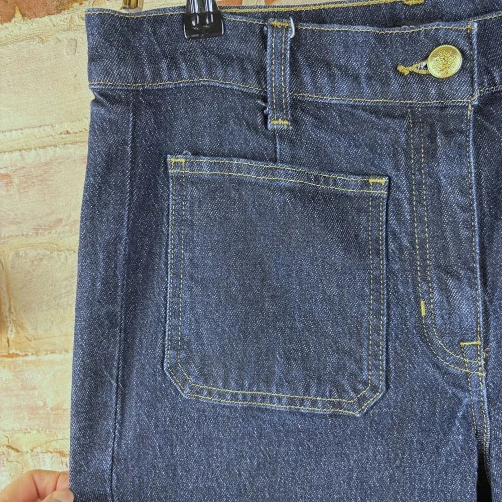 J.Crew Dark Wash Wide Leg Denim Jeans Sz 27 Patch Pocket Sailor Gold Button 90s